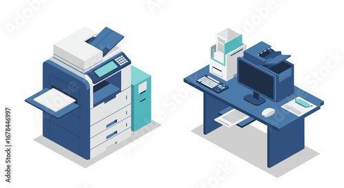 Isometric office equipment with copier and computer on desk
