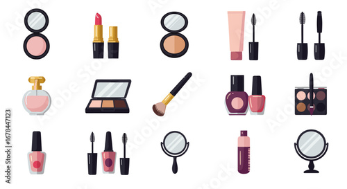 Beauty essentials layout: cosmetics, makeup tools, and skincare products in a flat style