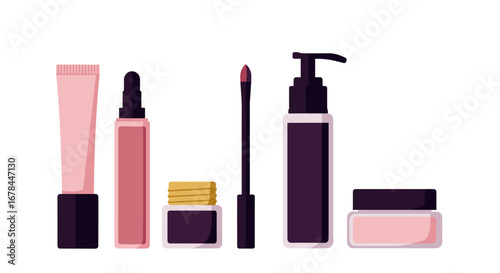 Modern skincare and makeup set in minimalist design featuring various cosmetic containers
