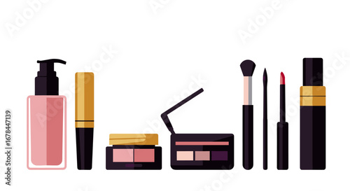Beauty essentials collection with makeup tools and cosmetics in flat style