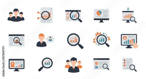 Flat style business analytics and data visualization icon set