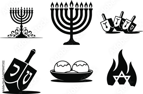Hanukkah Menorah Candle Silhouette Vector Design, Jewish Hanukkah Festival Silhouette Illustration, Hanukkah Dreidel and Menorah Silhouette Art
