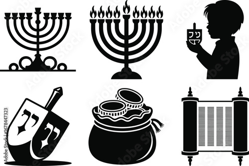 Hanukkah Menorah Candle Silhouette Vector Design, Jewish Hanukkah Festival Silhouette Illustration, Hanukkah Dreidel and Menorah Silhouette Art