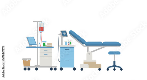 Modern medical equipment in flat design: hospital room essentials and devices