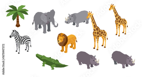 Isometric safari animals: elephant, giraffe, zebra, and more in geometric style