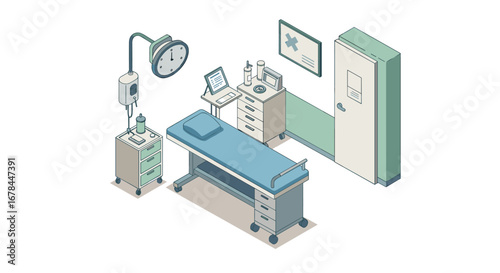 Isometric medical examination room with equipment and furniture details