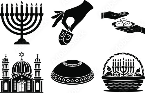 Hanukkah Menorah Candle Silhouette Vector Design, Jewish Hanukkah Festival Silhouette Illustration, Hanukkah Dreidel and Menorah Silhouette Art