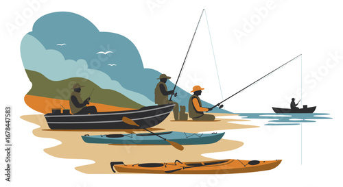 Coastal fishing adventure with kayaks and boats in minimalist style landscape