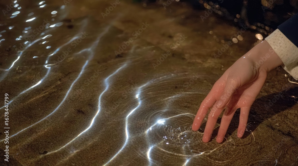 Fototapeta premium Hand Touching Water with Light Reflections