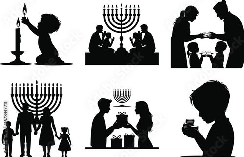 Hanukkah Menorah Candle Silhouette Vector Design, Jewish Hanukkah Festival Silhouette Illustration, Hanukkah Dreidel and Menorah Silhouette Art