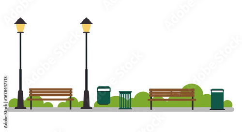 Urban park scene with benches, street lamps, and trash bins