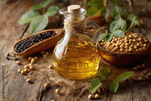 Soy oil and beans on rustic wood