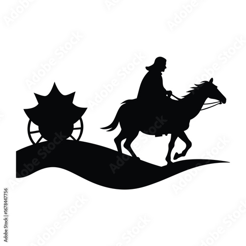 Silhouette vector silhouette of a person riding a horse with a cart isolated on white