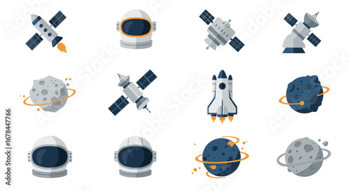 Space exploration icons: rockets, satellites, and astronaut helmets in flat style