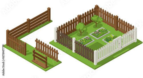 Isometric garden design with fences and floral landscaping