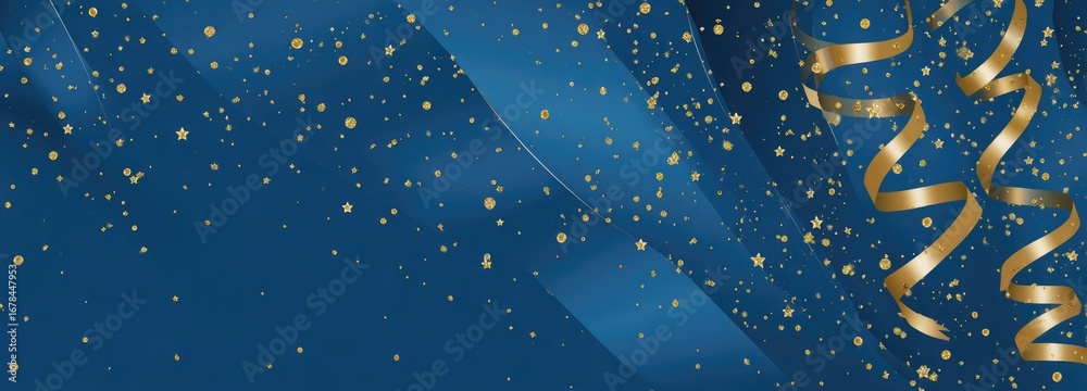Obraz premium Abstract design with gold confetti and ribbons on a deep blue background (1)