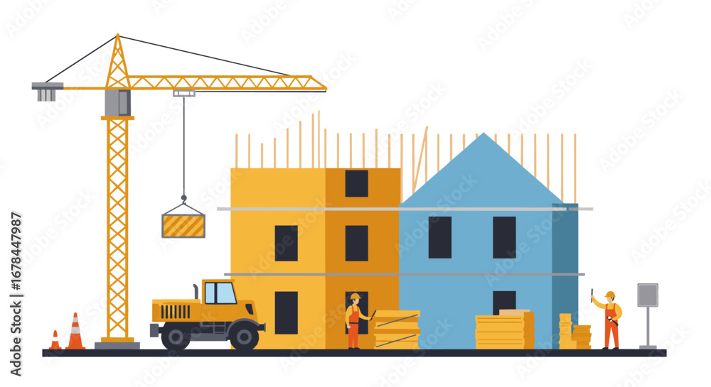 Flat construction scene featuring workers, crane, and building under construction