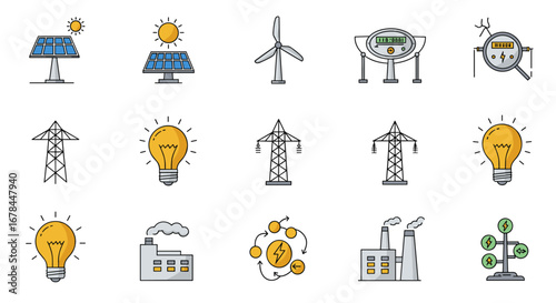 Clean energy sources set with solar, wind, and energy icons in color
