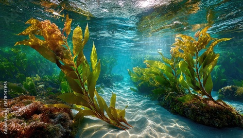 Underwater kelp forest, sunlight filters through clear water, revealing vibrant kelp