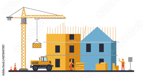 Flat construction scene featuring workers, crane, and building under construction