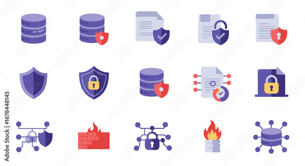 Fototapeta premium Data security icons set featuring shields, locks, and firewalls in flat style