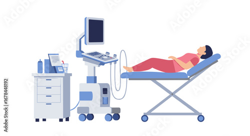 Ultrasound examination flat design: medical imaging with patient and equipment