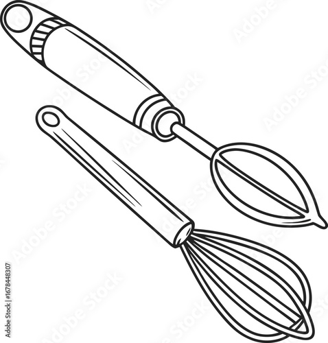 Kitchen whisk, a shiny stainless steel tool with wire loops, isolated on a white background