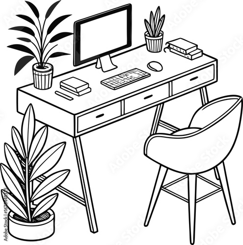 Vector illustration of a modern home office desk with a computer and chair in a spacious, empty room
