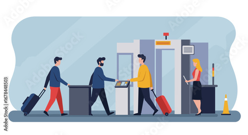 Airport security checkpoint with people and luggage in modern cartoon style