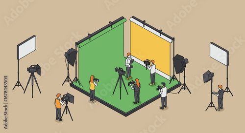 Isometric photography studio scene with photographers and lighting equipment