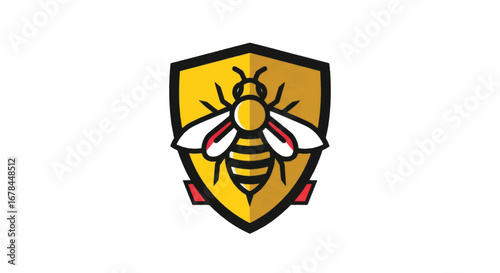 Stylized Bee Emblem on Shield with Red Banner Design.