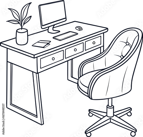 3D rendering of an office desk with a computer, a chair, and other furniture in a business workplace interior