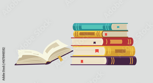 Colorful stack of books and open book on neutral background
