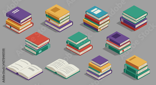Colorful isometric stacks of books on gray background