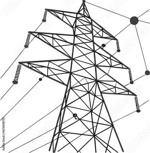 High voltage electrical power lines cross a blue sky, an abstract vector background showing steel pylons and