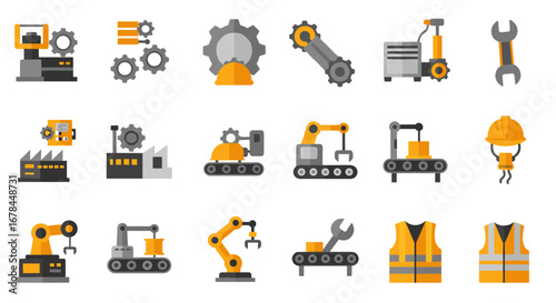 Industrial automation and safety icons featuring robotics and machinery in flat design