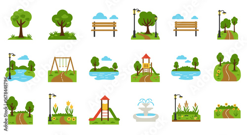 Minimalist park elements set: pathways, swings, trees, and more