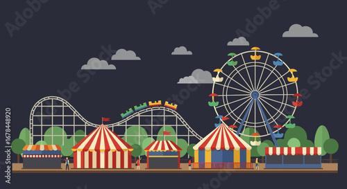 Amusement park with ferris wheel and roller coaster in flat design