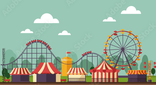 Colorful amusement park with roller coaster and ferris wheel in flat design