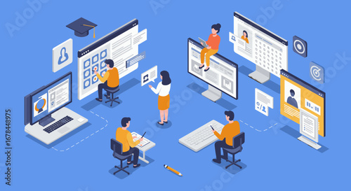 Online learning isometric design featuring interactive classroom and digital collaboration