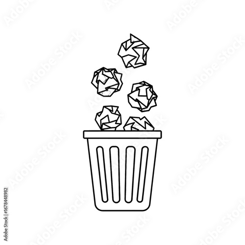 Simple Line Art Illustration of Paper Balls Falling Into a Trash Can on White Background