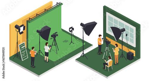 Isometric photography studio setup with professional lighting equipment and green screen