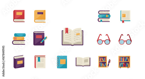 Colorful book and stationery icons for educational and literary themes