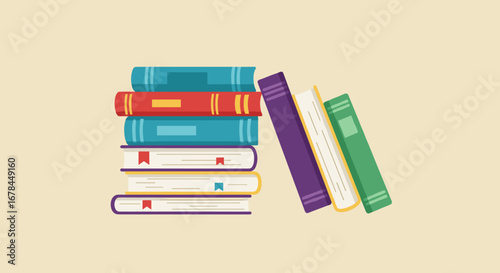 Colorful books stack on light background: modern flat design for education and library themes
