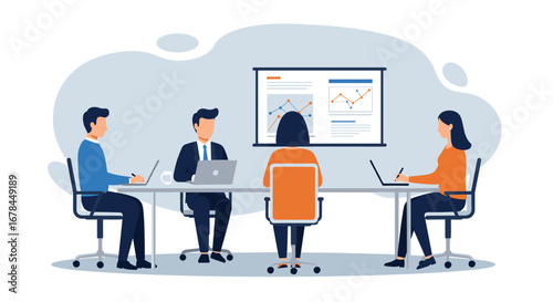 Business team meeting with laptops and presentation in modern office setting