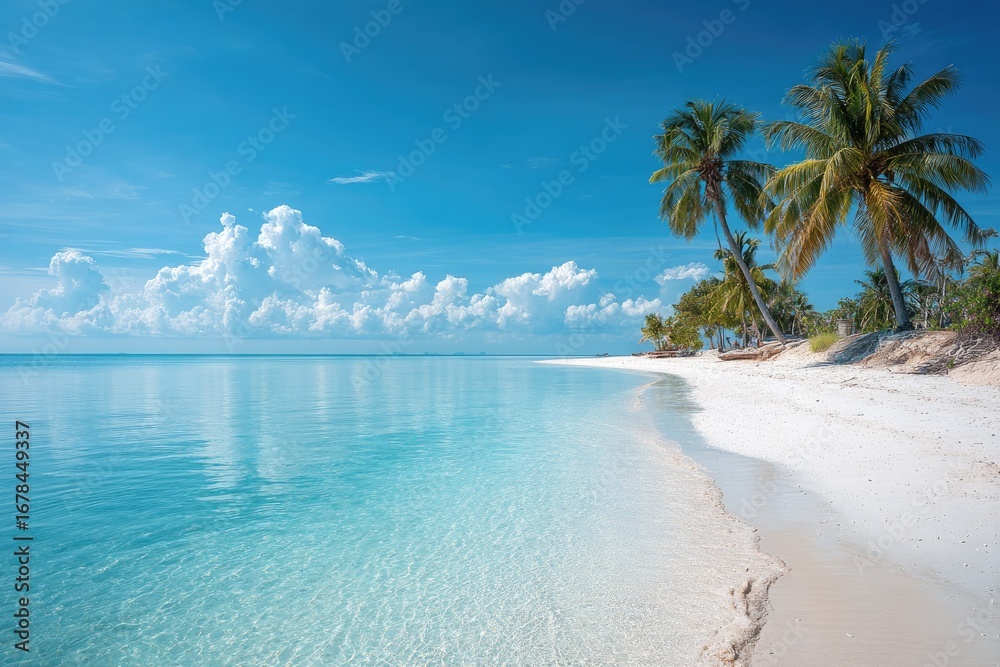 Fototapeta premium Pristine beach, turquoise water, palm trees, bright sky