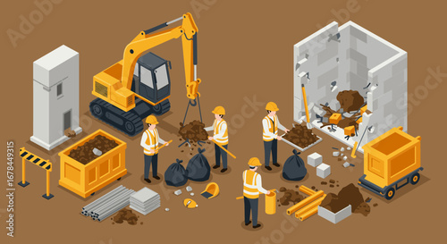 Isometric construction site scene with workers and equipment