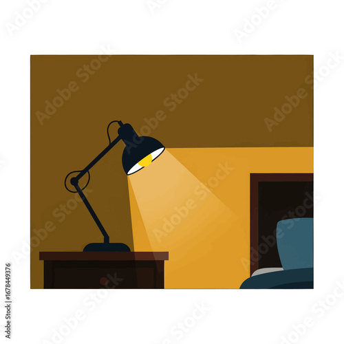 Cozy Room Corner with Adjustable Black Lamp on Dark Wood Desk with Yellow Illumination and Blue Bed