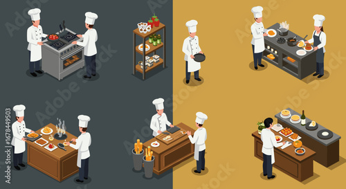 Isometric chefs cooking in professional kitchen with culinary ingredients