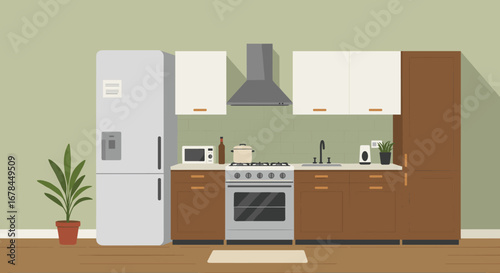 Modern flat design kitchen interior with appliances and cabinets